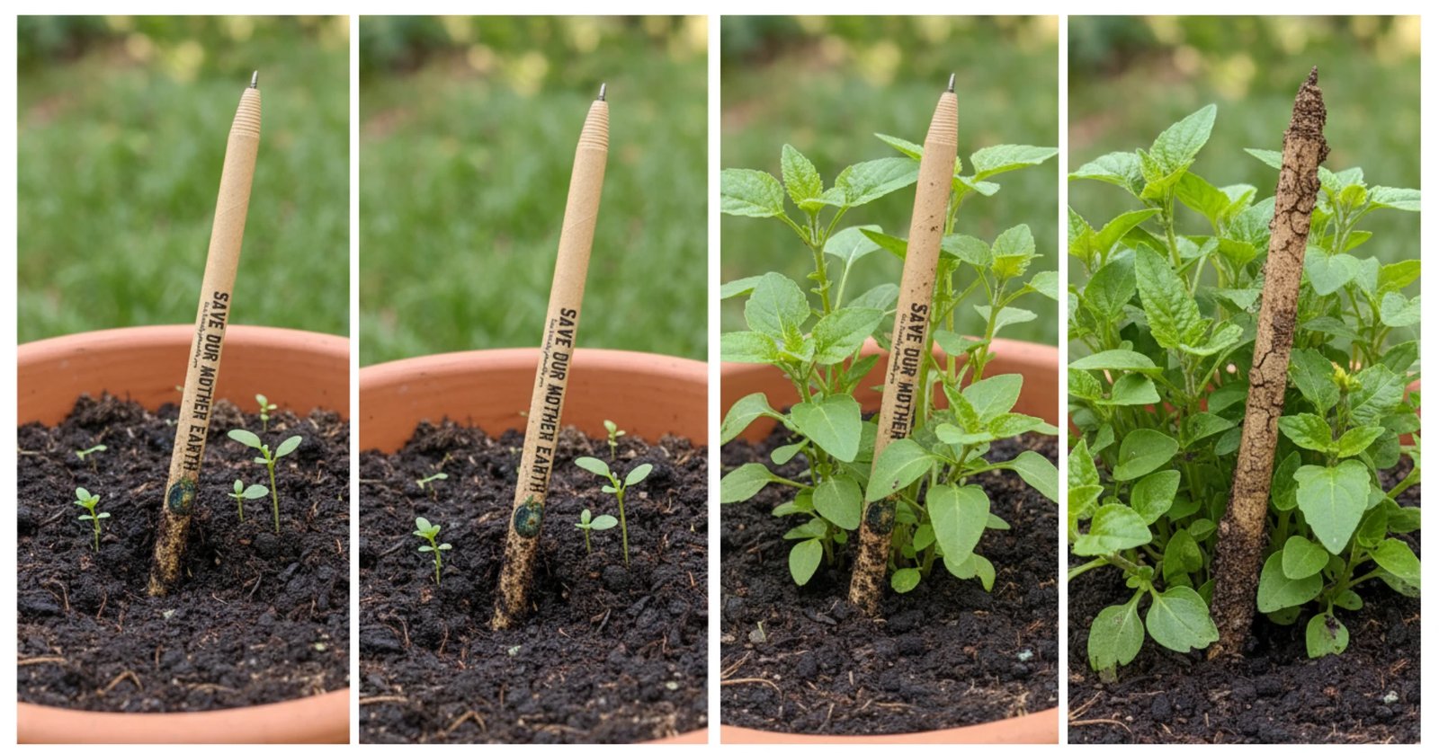 A four-photo time lapse of an EarthMend pen planted in a pot, from freshly planted beside tiny seedlings through to fully grown among flourishing leaves