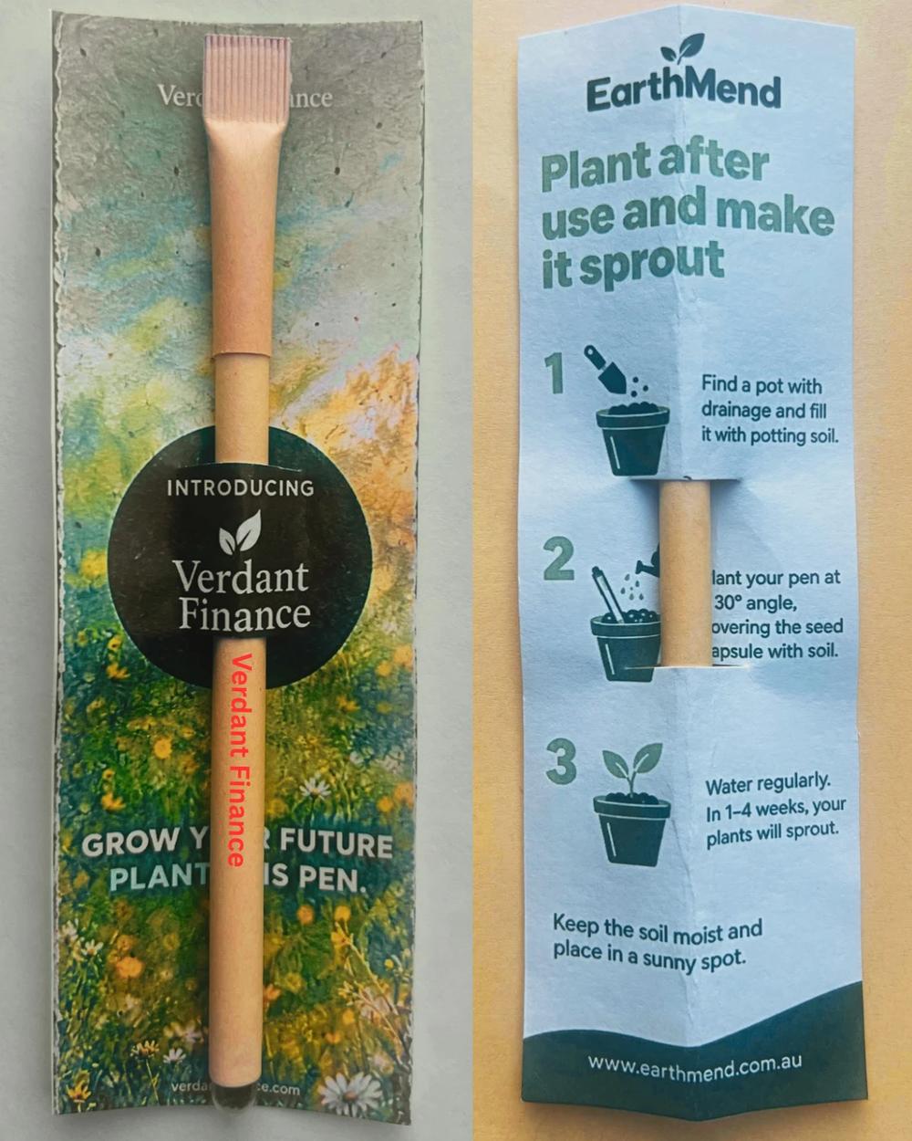 A pen in a custom-branded card sleeve beside EarthMend's 'Plant after use and make it sprout' instructions card