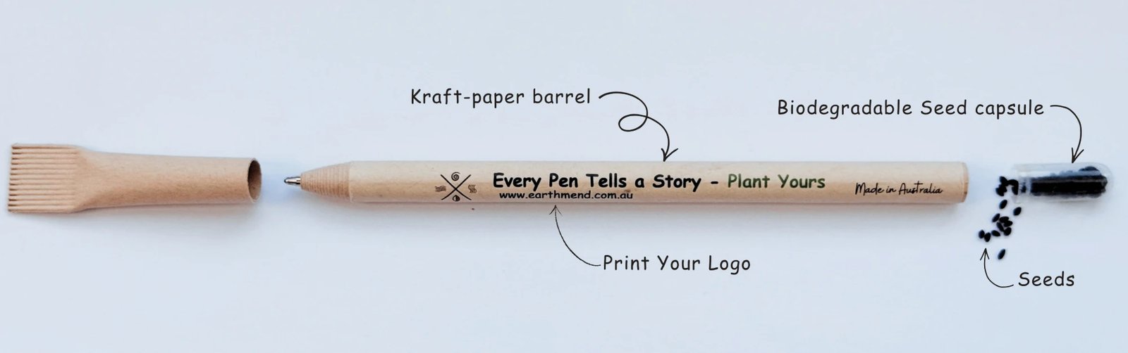 An EarthMend pen labelled with its features: kraft-paper barrel, a printed logo area on the barrel, and a biodegradable seed capsule with seeds in its cap
