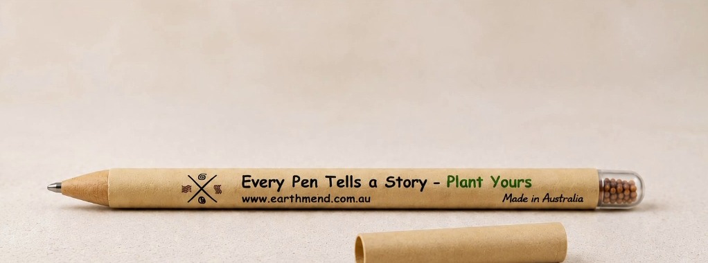 The EarthMend kraft-paper pen resting on its surface
